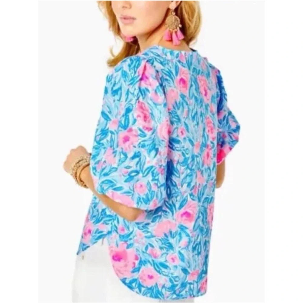 Lilly Pulitzer Ivee Top XS Bondi Blue Pink My Little Peony New‎ Floral V-Neck